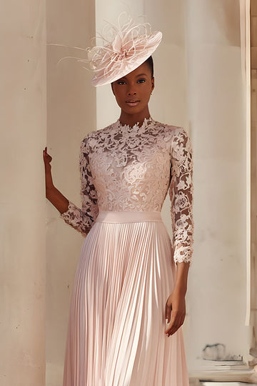 Blush Pink Pleated A-Line Midi Mother Of The Bride Dress With Lace